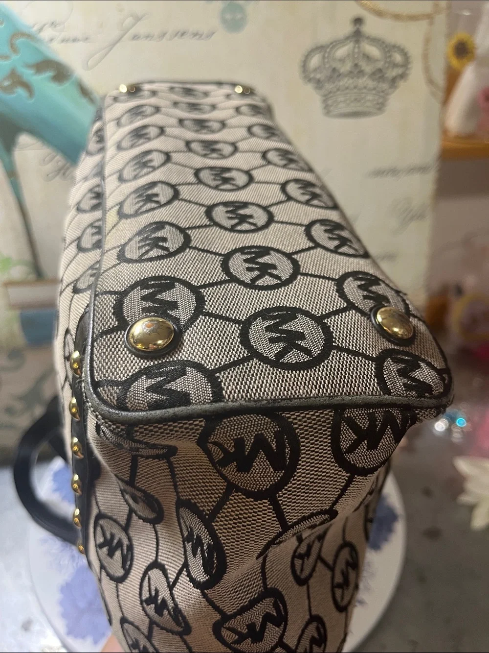 Michael Kors Brown and Black MK Logo Studded Tote